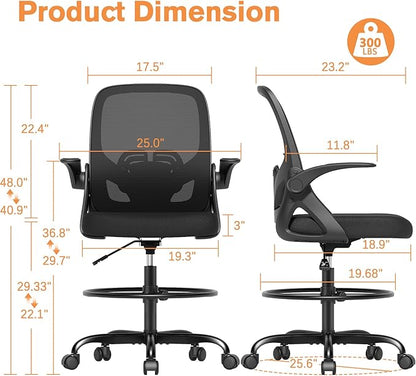 ORRSAKER Drafting Chair, Tall Office Chair with Flip-up Arms, Mesh Ergonomic Computer Standing Desk Chair with Adjustable Height Foot Ring and Lumbar Support, 300 LBS Capacity, Black