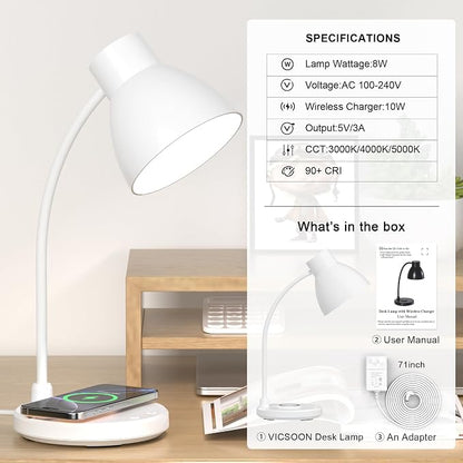 Desk Lamp for Home Office - LED Desk Lamp with Wireless Charger, 3 Color Modes Dimmable Eye-Caring Study Reading Desk Light, Small Flexible Arm Table Lamp for College Dorm Room Bedside, White