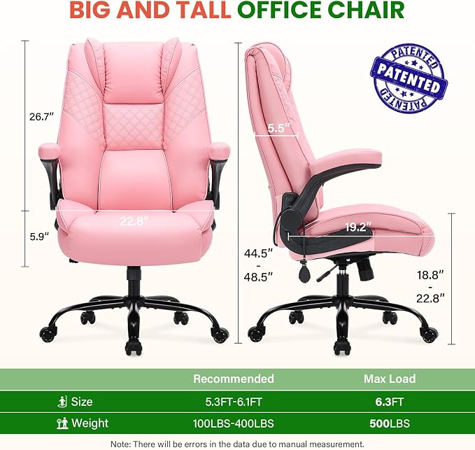 500lbs Big and Tall Office Chair with Inflatable Lumbar Support, Rubber Wheels Executive Chair with Rocking Function, High Back Wide Cushion Leather Ergonomic Computer Desk Chair for All-Day Sitting