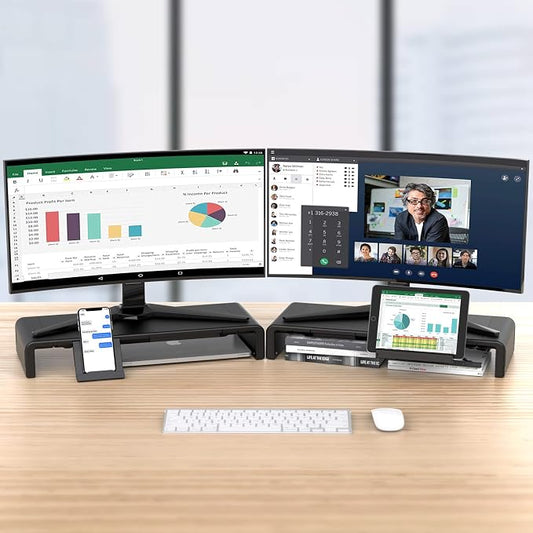 Klearlook Computer Monitor Stand for Desk, Adjustable Foldable Monitor Riser with Storage Drawer & Tablet Phone Holder for Office, Home, Laptop, Desktop (Black 2 Pack)