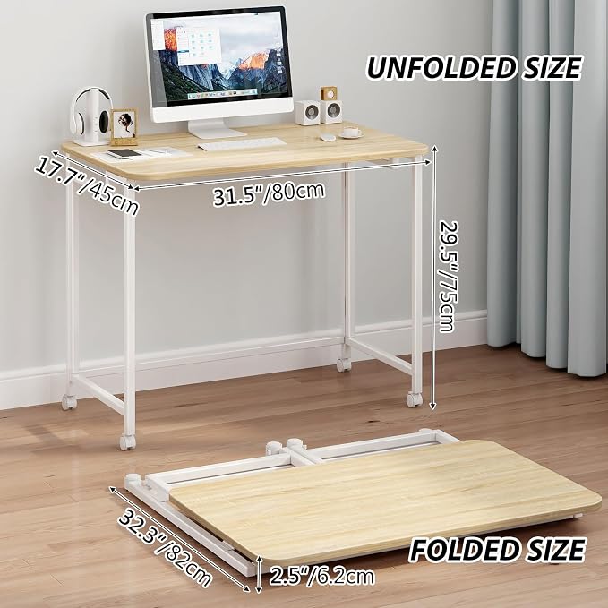 JSB Folding Desk for Small Spaces,Mobile Portable Rolling Laptop PC Table on Wheels,Foldable Computer Desk for Home Office,Bedroom,Dorm,Space Saving (Natural & White, 31.5")