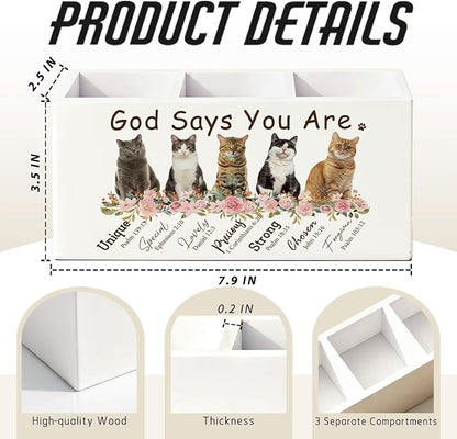 Christian Inspirational Cat Pen Pencil Holder for Desk, Christian Gifts for Women, Cat Lovers Gifts, God Says You Are Bible Verse Wooden Box Sign Decorations for Home Office Desk Tabletop