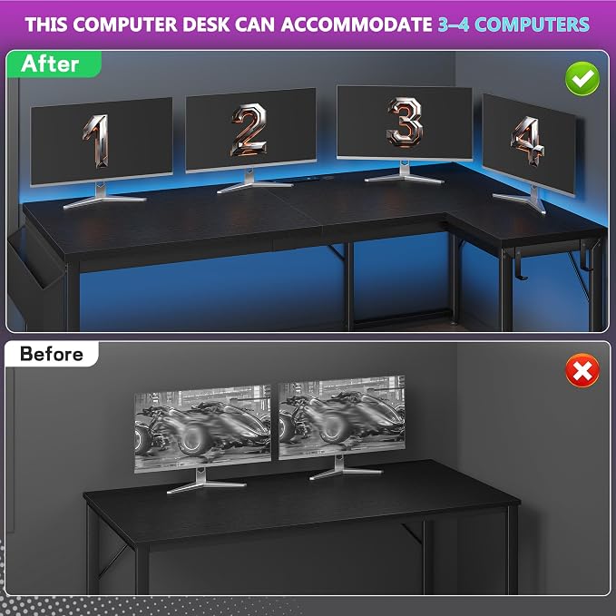 DurayLoly 55" 0.95 Thicker L Shaped Computer Desk for Home Office, Black | Gaming Desk with Power Outlets & LED Lights,Computer Desk for 2 Monitors ,Reversible Corner Desk,220 lbs,Bedroom,Home Office