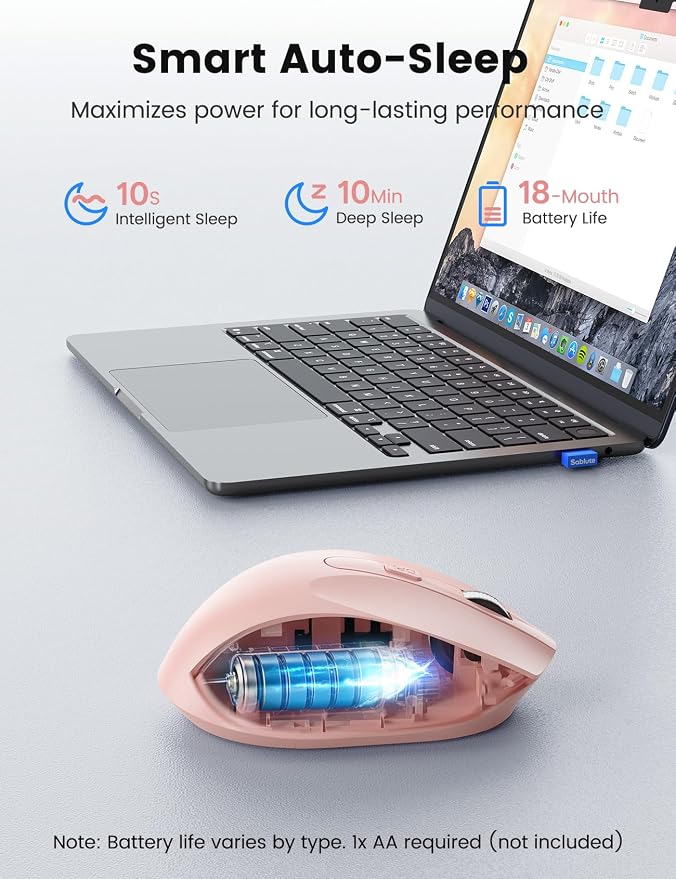 Pink Wireless Mouse for Laptop, 2.4GHz Computer Mouse with USB-A Port &USB-C Adapter, Cordless Office Mice with 6 Buttons & 3 Level DPI for Small to Medium Hands, Work with PC, Desktop, Tablet - M21