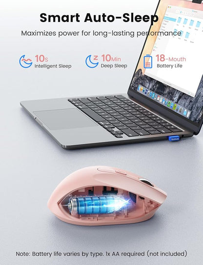 Pink Wireless Mouse for Laptop, 2.4GHz Computer Mouse with USB-A Port &USB-C Adapter, Cordless Office Mice with 6 Buttons & 3 Level DPI for Small to Medium Hands, Work with PC, Desktop, Tablet - M21