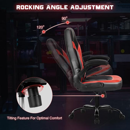 DUMOS Ergonomic Computer Gaming Chair with Flip-up Armrest, Height Adjustable PU Leather Home Office Desk Chair with Lumbar Support Swivel Wheels and for Adults and Kids, Scarlet Red