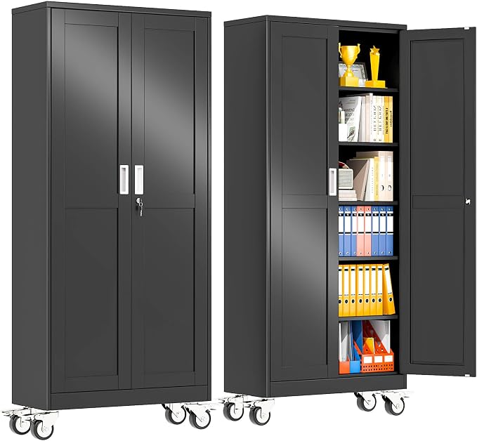 pozdeg 75" Metal Garage Storage Cabinets with Wheels, Lockable Rolling File Cabinets with 2 Doors and 5 Adjustable Shelves, Steel Tool Organizer Locker for Office Home Garage Gym School, Black