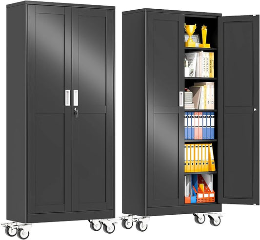 pozdeg 75" Metal Garage Storage Cabinets with Wheels, Lockable Rolling File Cabinets with 2 Doors and 5 Adjustable Shelves, Steel Tool Organizer Locker for Office Home Garage Gym School, Black