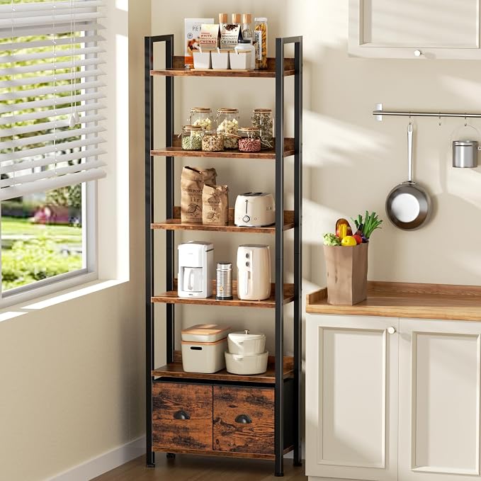 Furologee 6-Tier Bookshelf, Tall 71" Rustic Bookcase with 2 Drawers Storage Organizer, Industrial Display Free Standing Shelf Units, Wood and Metal Storage Rack for Home Office, Bedroom, Rustic Brown | Bookcase