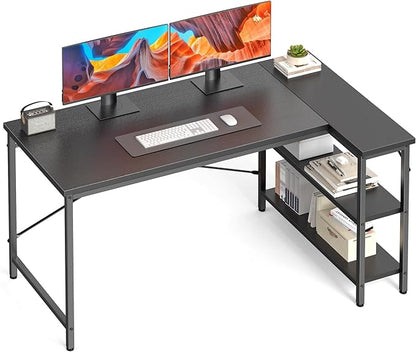 DUMOS 47 Inch L Shaped Computer Desk Gaming Furniture Corner Desks Home Office PC Table with Reversible Storage Shelves for Writing Working Study Bedroom Dorm, Black