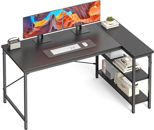 DUMOS 47 Inch L Shaped Computer Desk Gaming Furniture Corner Desks Home Office PC Table with Reversible Storage Shelves for Writing Working Study Bedroom Dorm, Black