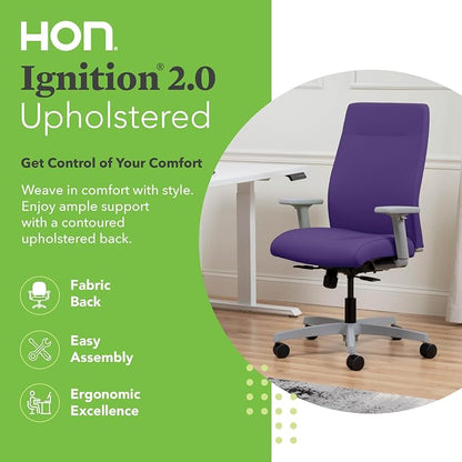HON Ignition 2.0 Ergonomic Office Chair with Adjustable Arms, Standard Synchro‑Tilt Recline, Upholstered Desk and Computer Chair for Home Office or Workstation, Titanium Frame, Iris