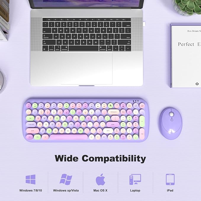 Wireless Keyboard and Mouse Combo, 2.4GHz Wireless Retro Keyboard and Mouse for PC/Laptop/Desktop/Windows (Purple Colorful)