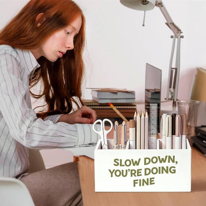 Inspirational Pen Pencil Holder for Desk, Inspirational Gifts for Women Men, Slow Down You're Doing Fine Motivational Wooden Box Sign Decorations for Home Classroom Office Desk Tabletop