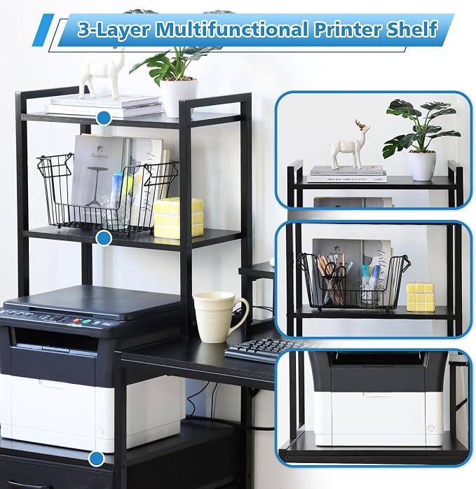 KATHY&BOB 59.1" Computer Desk with Power Outlets and Storage Shelves, Reversible Home Office Desk with 2 Fabric Drawers, Sturdy Writing Table with Detachable Monitor Stand for Small Spaces