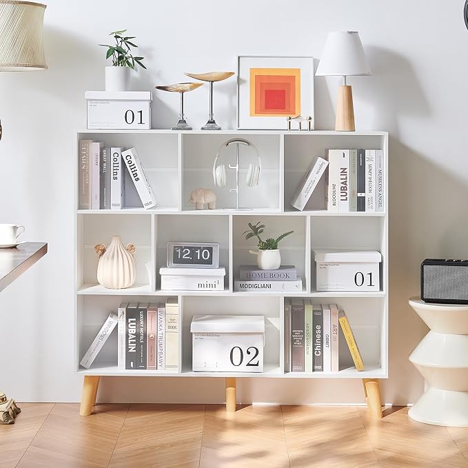 LEYAOYAO 10 Cube Bookshelf,3 Tier Modern Wide Bookcase with Legs,Mid-Century Wood Bookshelves Storage,White Large Book Case,Freestanding Organizer Display Shelf for Bedroom,Living Room,Office