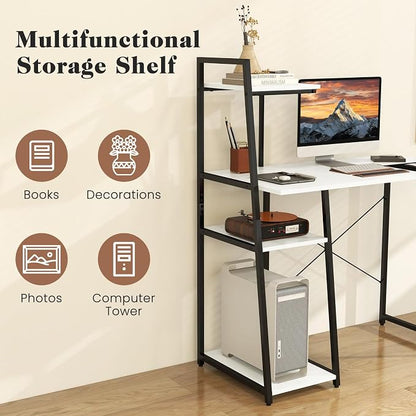Tangkula Computer Desk with Shelves, Space Saving Home Office Desk with 3-Tier Ladder Shaped Storage Bookshelf, Modern Writing Study Desk with Metal Frame, Compact Computer Workstation (White)