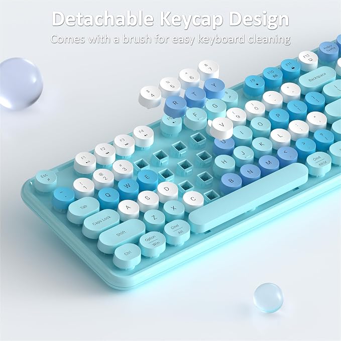 Links9+ Wireless Keyboard and Mouse, Full-Size Retro Typewriter Keyboard with Round Keycaps, 2.4GHz for Windows, Mac, Laptop, PC, Desktop (Blue Colorful)