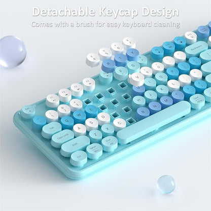 Links9+ Wireless Keyboard and Mouse, Full-Size Retro Typewriter Keyboard with Round Keycaps, 2.4GHz for Windows, Mac, Laptop, PC, Desktop (Blue Colorful)