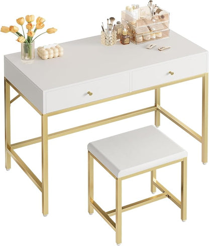 SUPERJARE 31.5" White and Gold Desk with 2 Drawers, Modern Makeup Vanity with Padded Stool, Small Computer Desk Home Office Desk for Writing Study Bedroom