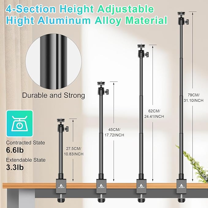 Ailight Desk Mount for Live Streaming, Instant Height Adjustable C-Clamp Stand with Ball Head & Phone Holder, 1/4" Screw for Camera/Smartphone/Webcam, Tool-Free Telescopic for Vlogging & Recording