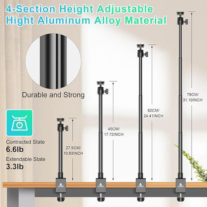 Ailight Desk Mount for Live Streaming, Instant Height Adjustable C-Clamp Stand with Ball Head & Phone Holder, 1/4" Screw for Camera/Smartphone/Webcam, Tool-Free Telescopic for Vlogging & Recording