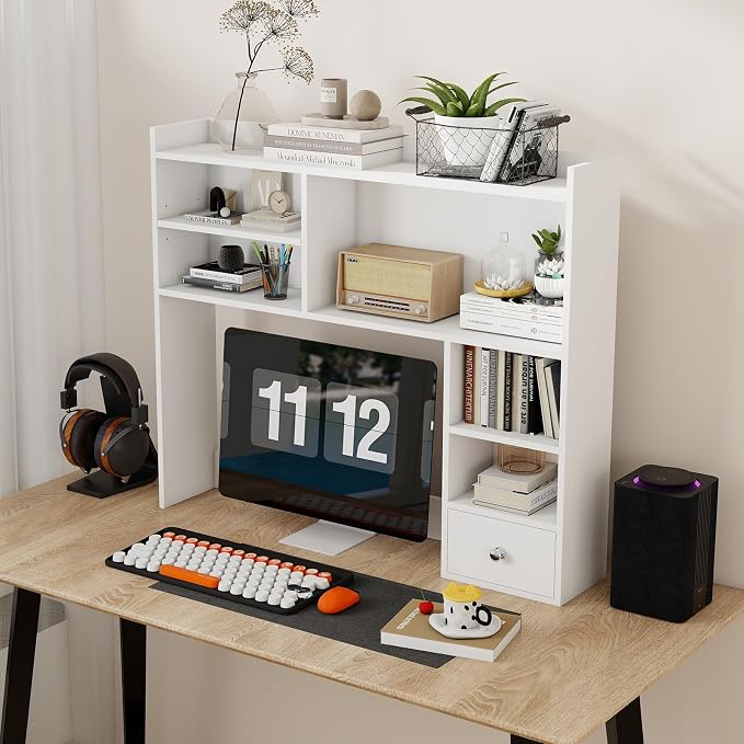 ELECWISH Desktop Bookshelf, Desk Hutch with Drawer for Computer Desk, 35.04" 6-Tier Adjustable Desktop Shelf Organizer for Home Office, White