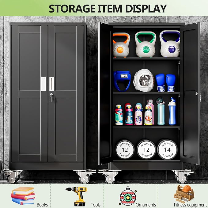 Metal Garage Storage Cabinets and storage system, 61”Tall Rolling utility cabinet with Wheels, Lock, 3 Adjustable Shelves, Heavy Duty Steel Tool Locker for Home Office, Utility Room, Gym,Black