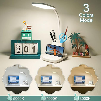 LED Desk Lamp with Wireless Charger, Sailstar White Desk Light with Pen Holder, 3 Color Modes with Stepless Dimming, CRI 85, 800 Lumen, Study Lamps for College Dorm Room, Home Office, Adapter Included