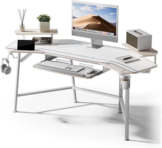 EUREKA ERGONOMIC Aero 72 Inch Gaming Desk with Keyboard Tray, Large Computer Desk Led Lights, Wing-Shaped Monitor Stand Dual Headphone Hanger Cup Holder for Studio,Streamer,Live,Maple