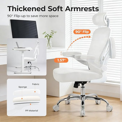 Office Chair Ergonomic Office Chair with Lumbar Support, Head Support, Rocking Function, Flip-up Armrests, Home Office Desk Chair, Suitable for Home, Office, White, 1 Pack