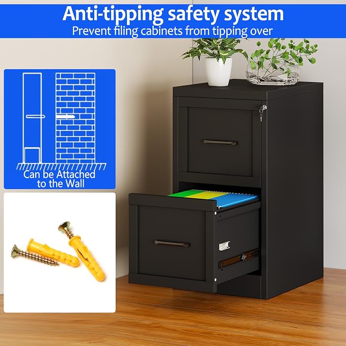 Small Metal 2-Drawer File Cabinet, Under-Desk Filing Cabinet, Black | Locking, Adjustable Hanging Rail, Fit A4, FC, Letter, Hanging File Folders for Home Office Storage Organization, 2PS