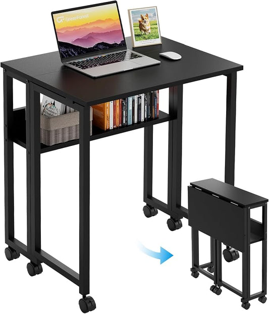 GreenForest Folding Desk with Wheels, 24.8 Inch Compact Rolling Computer Table with Storage Shelf, Portable Mobile Workstation for Small Spaces, Easy Assembly, Black