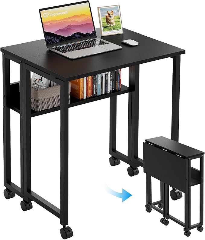 GreenForest Folding Desk with Wheels, 31.5 Inch Compact Rolling Computer Table with Storage Shelf, Portable Mobile Workstation for Small Spaces, Easy Assembly, Black