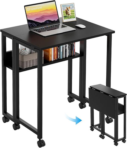GreenForest Folding Desk with Wheels, 31.5 Inch Compact Rolling Computer Table with Storage Shelf, Portable Mobile Workstation for Small Spaces, Easy Assembly, Black
