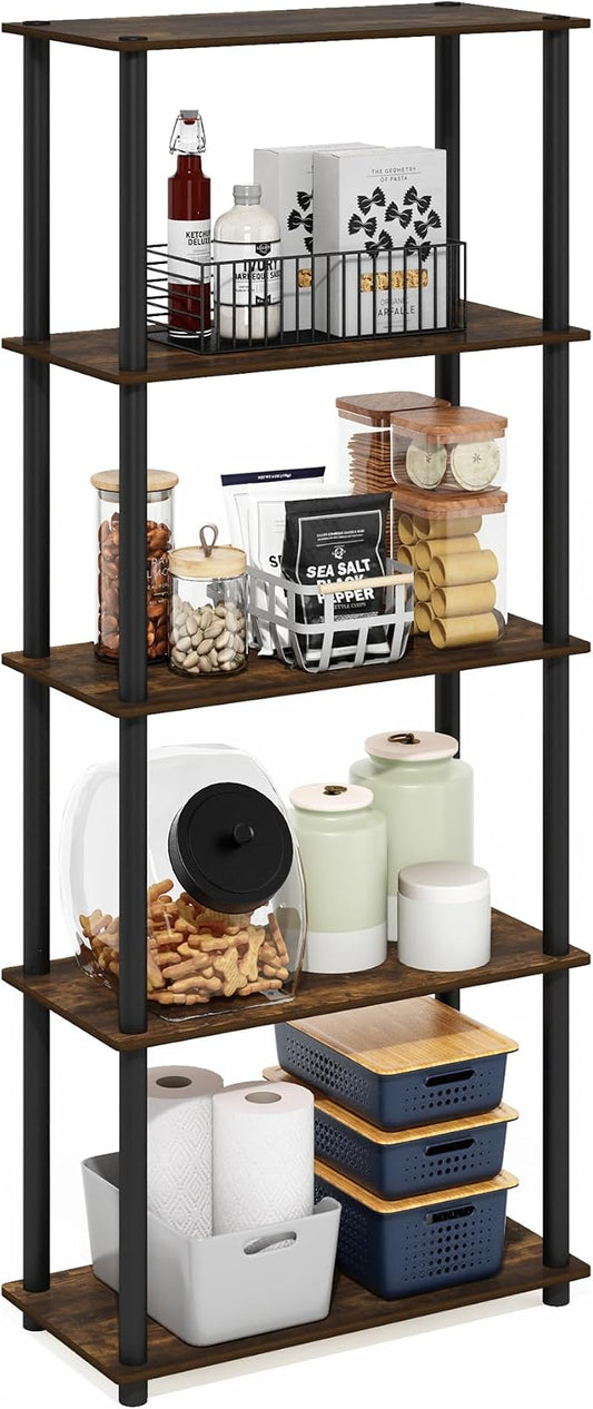 Furinno Turn-N-Tube Storage Shelves, 5-Tier Book Shelf, Corner Shelf, Toolless Open Shelves, for Organization and Storage, Living Room, Garage, Home Office, Amber Pine