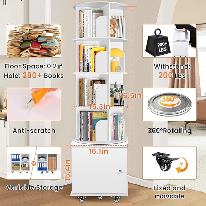 RUNSUNSPRI 6 Tier Rotating Bookshelf Spinning Bookshelf Tower 360° Revolving Bookcase with Storage Cabinet Corner Organizer Storage Round Carousel with Wheels, White