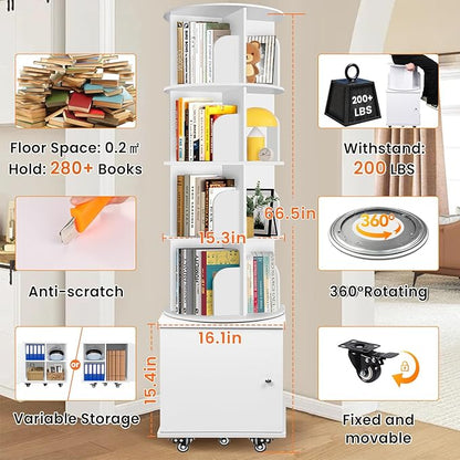 RUNSUNSPRI 6 Tier Rotating Bookshelf Spinning Bookshelf Tower 360° Revolving Bookcase with Storage Cabinet Corner Organizer Storage Round Carousel with Wheels, White