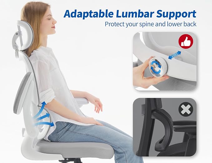 TRALT Ergonomic Office Chair - Desk Chair with Adjustable Headrest Lumbar Support Computer Chair - Mesh Comfy Chair with Flip-up Armrests - Gaming Chairs for Adults Home Office (Leather, Grey)