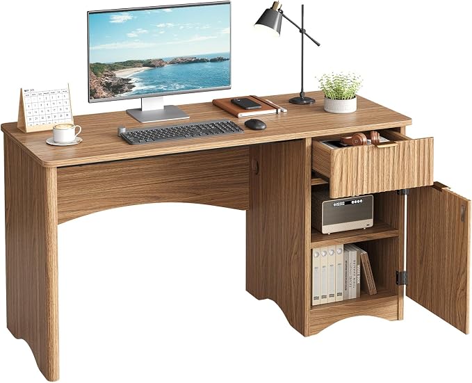 Bestier Computer Desk with Drawer, 47 inch Office Desk with Storage Cabinet, Modern Wood Desk Adjustable Shelves for Home Office Bedroom Study, Brown Oak