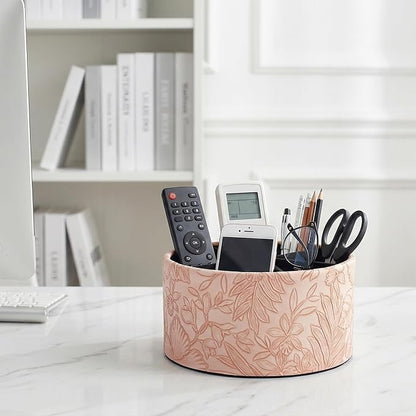 Remote Control Holder, 360°Spinning PU Leather Desk TV Remote Caddy,Desk Storage Box Room Accessories for Controller, Media,Mail,Calculator, Mobile Phone,Pencil(1-Carved Pink)