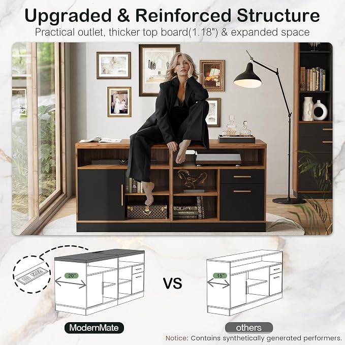 ModernMate Lateral File Cabinet with Lock,Home Office Furniture Storage Cabinet w/2 Drawers for A4 / Letter Documents, Wide Credenza w/Built-in Power Outlet, Fashion TV Stand Organizer Black Walnut
