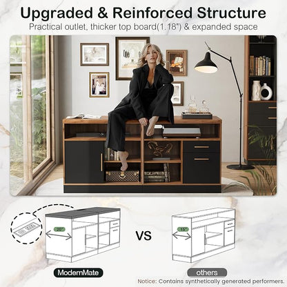 ModernMate Lateral File Cabinet with Lock,Home Office Furniture Storage Cabinet w/2 Drawers for A4 / Letter Documents, Wide Credenza w/Built-in Power Outlet, Fashion TV Stand Organizer Black Walnut