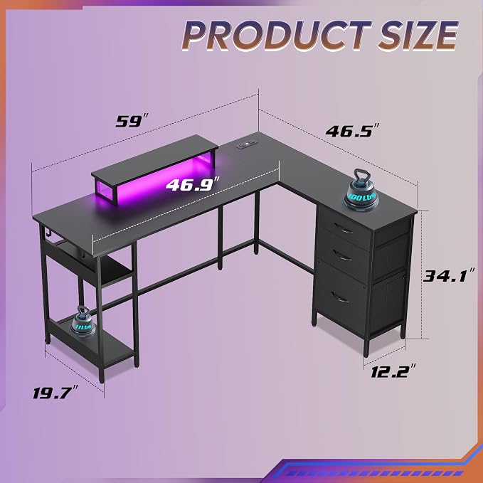 DEVAISE 66 Inch L Shaped Gaming Desk with Drawers and Storage, Corner Desk with LED Lights, Power Outlets, Computer Desk with Monitor Stand, Office Desk for Home, Black