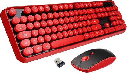 Red Wireless Keyboard and Mouse Combo, Retro Typewriter Style Round Key Keyboard with Bubble Keycaps, 2.4GHz Creamy Clicky Aesthetic Full Size Keyboard with Number Pad for PC Laptop Desktop