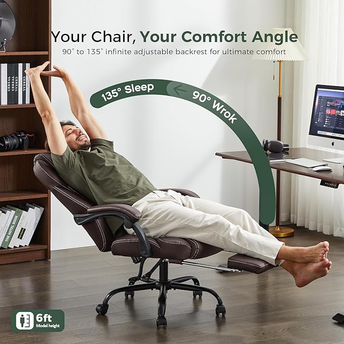 amseatec Big and Tall Office Chair with Footrest, Ergonomic Leather High Back Computer Chair Infinite Lock Reclining 90°-135°,20 Spring Packs,300lbs Executive Desk Chair for Home Office（Brown）