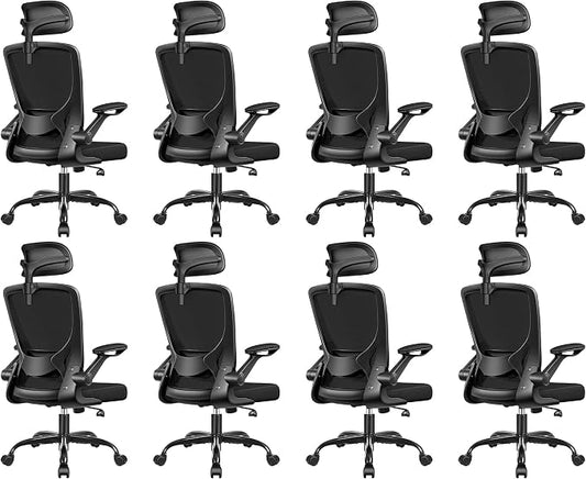 BESTFAIR Office Chair Ergonomic Desk Chair, Breathable Mesh Office Chairs with Adjustable Lumbar Support, Flip-Up Arms, Computer Desk Chair Comfy for Home Office, 8 Pack