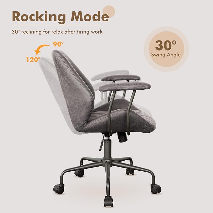 Mid Back Office Chair Mid Century Modern Executive Chair,Lumbar Support Ergonomic Home Office Desk Chair,Rolling Swivel Task Chair Task Chair Armrests Height Adjustable,350lbs (Gray)