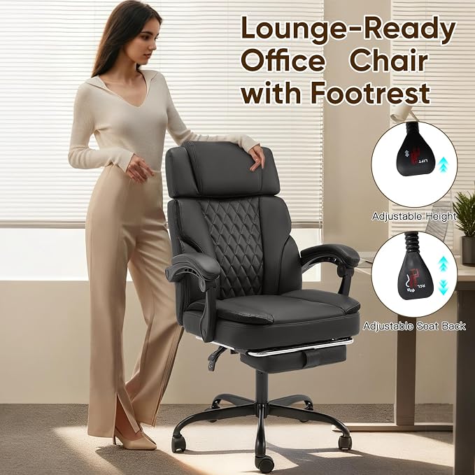 ECOTOUGE Executive Office Chair, Ergonomic Big and Tall Desk Chair with Adjustable Headrest,High PU Leather Comfy Heavy Duty Computer Chair with Foot Rest, Black