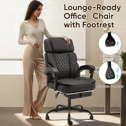 ECOTOUGE Executive Office Chair, Ergonomic Big and Tall Desk Chair with Adjustable Headrest,High PU Leather Comfy Heavy Duty Computer Chair with Foot Rest, Black